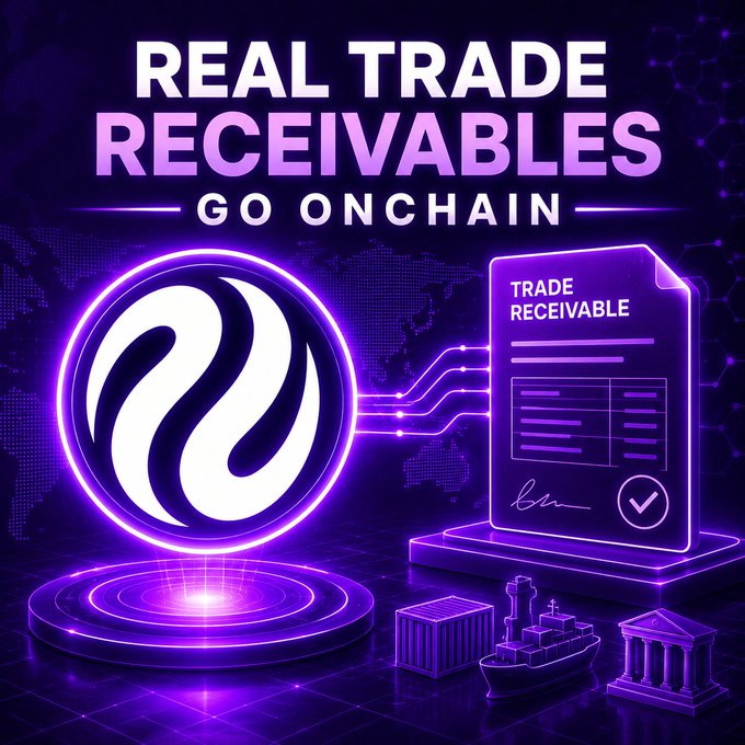 A vibrant purple and neon graphic displays the headline "REAL TRADE RECEIVABLES GO ONCHAIN" above a glowing Injective logo and a digital "TRADE RECEIVABLE" document, visually representing the post's announcement of POSCO International and LG CNS moving live trade invoices from 80+ global subsidiaries onto the blockchain.