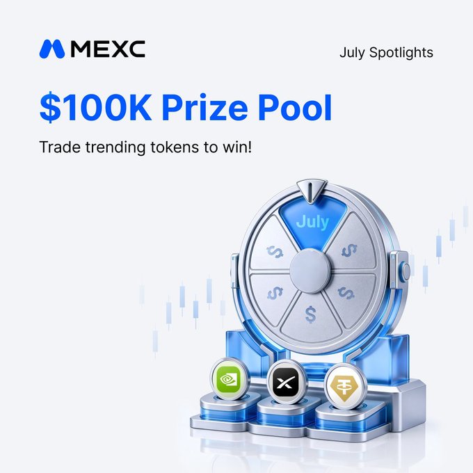 MEXC's "July Spotlights" promotional graphic featuring a $100K prize pool with a silver spinning prize wheel displaying "July" and dollar signs, alongside token icons for $SPCX, $X (XAUT), and $GOLD, inviting users to trade trending tokens daily for a chance to win.