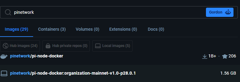 A Docker Hub search results page showing 'pinetwork' results, highlighting the official 'pinetwork/pi-node-docker' image with 1B+ downloads and a specific tag version 'organization-mainnet-v1.0-p28.0.1' at 1.56 GB.