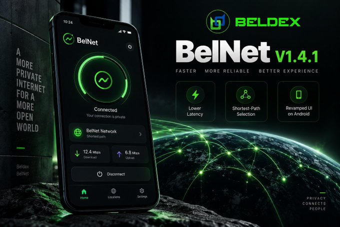 A promotional graphic for BelNet v1.4.1 by Beldex, showing a smartphone interface with a green theme, highlighting features like 'Lower Latency,' 'Shortest-Path Selection,' and 'Revamped UI on Android.'