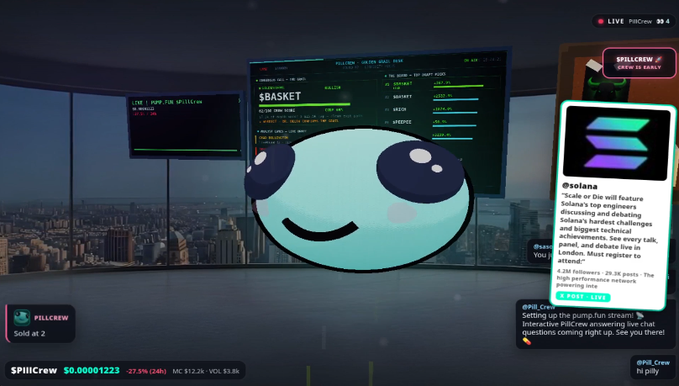 A livestream screenshot from @PillCrew showing a large cartoon eye character on screen, with information about Solana blockchain, a $BASKET token chart, and viewer count of 39.4.