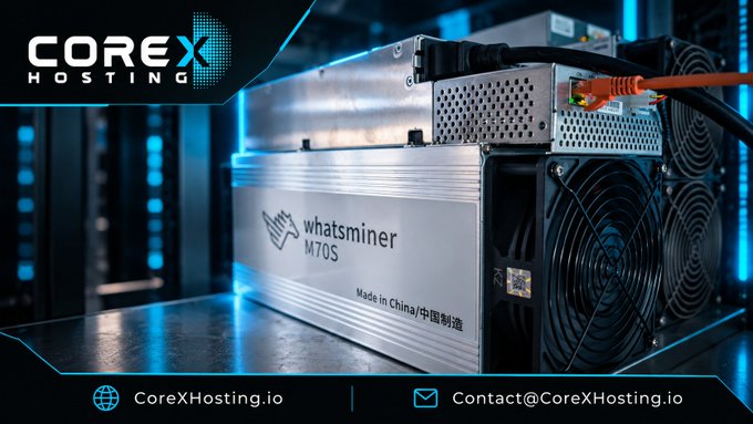 Advertisement for CoreXHosting showing a Whatsminer M70S cryptocurrency mining device, with contact info CoreXHosting.io and Contact@CoreXHosting.io.