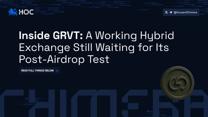 A dark promotional banner from House of Chimera (@HouseofChimera) headlines "Inside GRVT: A Working Hybrid Exchange Still Waiting for Its Post-Airdrop Test," accompanied by a stylized bronze GRVT coin medallion, contextualizing the accompanying post's analysis of GRVT's $397B in perp volume and the uncertainty around whether its trading momentum reflects retained organic capital or short-term airdrop-driven activity.