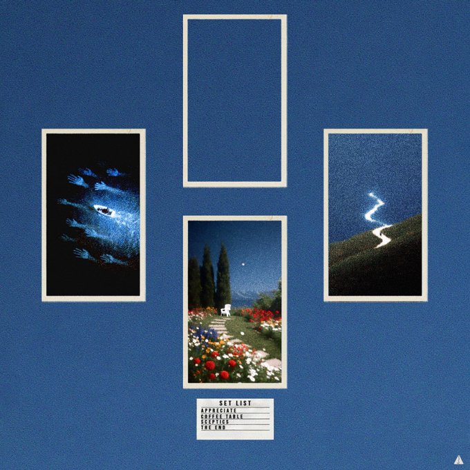 An album cover or art piece with a deep blue background displaying four framed photos (night sky, garden, lightning, blank) arranged like windows, with a 'SET LIST' reading 'APPRECIATE, COFFEE TABLE, SCRATCHES, THE 1975'.