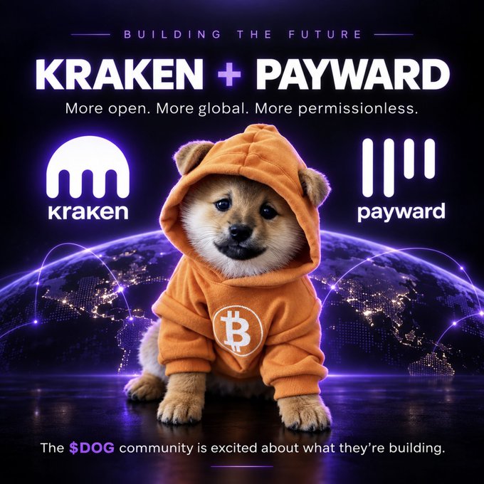 A Shiba Inu puppy in an orange Bitcoin hoodie sits centered against a glowing purple globe, framed by the Kraken and Payward logos under the headline "BUILDING THE FUTURE — KRAKEN + PAYWARD: More open. More global. More permissionless," with the tagline "The $DOG community is excited about what they're building." The image visually reinforces the post's message about Kraken and Payward's forward-looking crypto infrastructure partnership, using the iconic Dogecoin mascot to highlight community excitement.