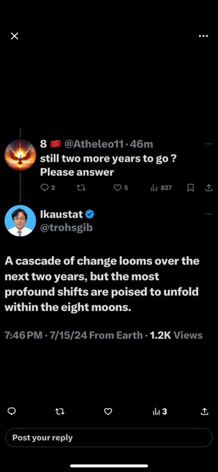 A Twitter screenshot showing user @Atheleo11 asking "still two more years to go? Please answer" to @lkaustat (@trohsglb), who responds "A cascade of change looms over the next two years, but the most profound shifts are poised to unfold within the eight moons," with the caption emphasizing the "wait 2 more years" prediction related to XRP.