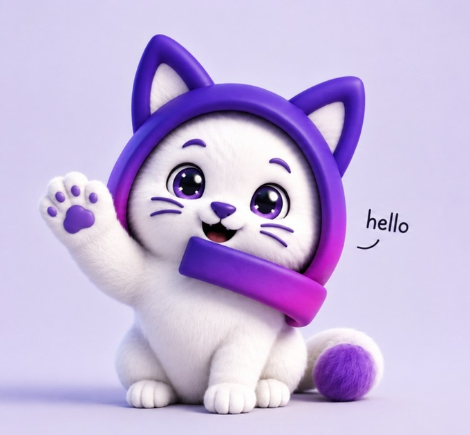 A cute 3D-rendered white kitten with purple accents waves hello, wearing a purple hood with cat ears and a matching scarf, set against a soft lavender background with the word "hello" floating beside it—serving as the charming mascot for the $ARCAT meme coin on the ARC chain.