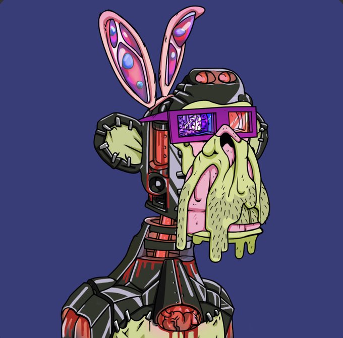 A stylized cartoon illustration of a grotesque rabbit-like creature with pink iridescent ears, purple sunglasses, and green slime dripping from its face, set against a blue background.