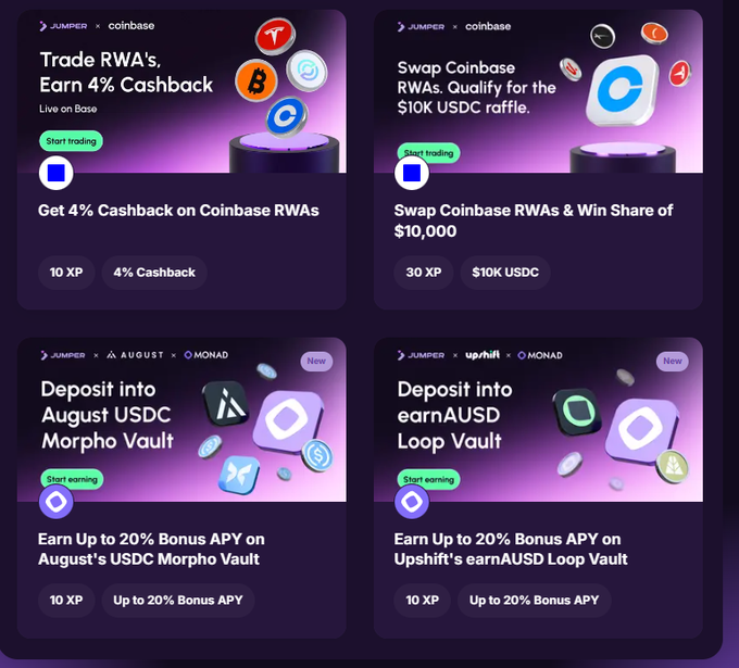 A digital interface for JUMPER x coinbase displays four promotional cards offering cashback on RWA trades, Coinbase swap raffles ($10K USDC), and deposit bonuses (up to 20% APY) on August and Upshift vaults.