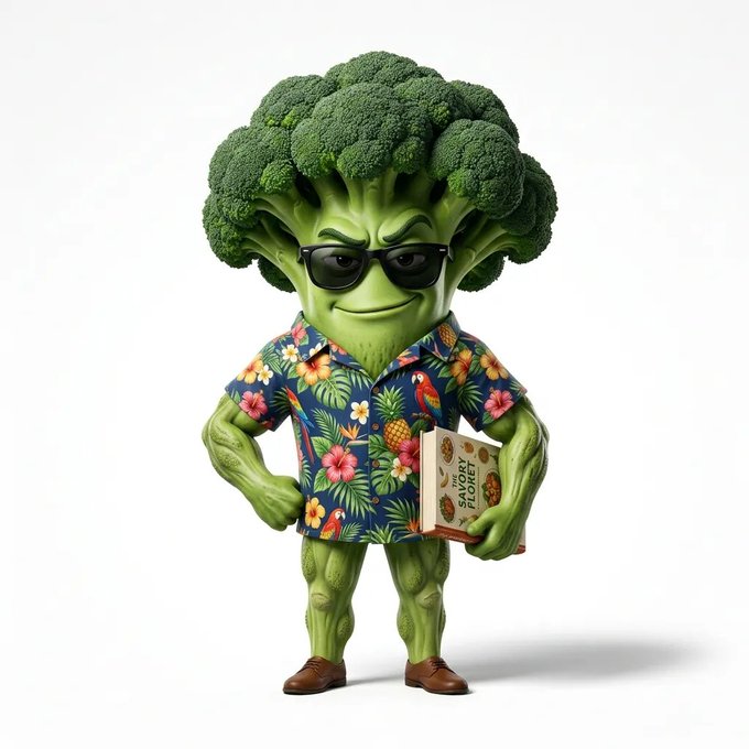 The image features a cartoon character, likely a broccoli or cauliflower, dressed up as a man with sunglasses and holding a book. The character appears to be wearing a Hawaiian shirt adorned with flowers. The background of the image is white, which contrasts with the colorful attire of the character. The post that includes this image has been tagged with the hashtag #verse_works verse.works/items/verse/7d.