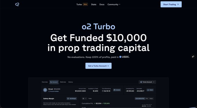 A promotional webpage for 'o2 Turbo' advertising 'Get Funded $10,000 in prop trading capital' with details about account sizes, profits in USDC, and an interface showing account overview information.