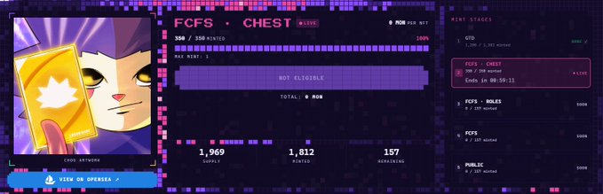 A digital interface showing NFT mint statistics for 'FCFS - CHEST' with 1,969 supply, 1,812 minted, and 157 remaining.