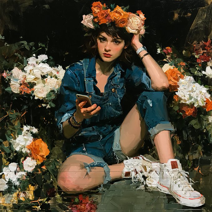A painterly portrait of a woman in blue overalls and white sneakers sitting among abundant white and orange flowers while looking at her phone.