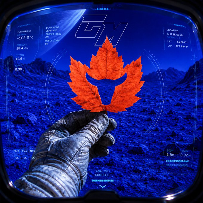 A sci-fi style image showing an astronaut's gloved hand holding up a red maple leaf against a blue Martian landscape, viewed through a helmet display showing 'GM' text and various scanner readouts including a Gliese 581g location marker.