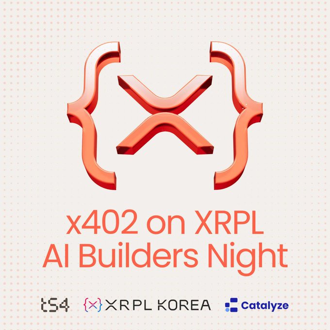 An event poster for 'x402 on XRPL AI Builders Night' featuring a coral-colored 3D logo, with sponsor logos for tS4, XRPL KOREA, and Catalyze at the bottom.