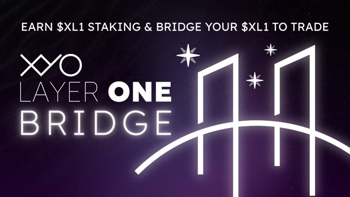 The image is a promotional graphic with the headline "EARN $XL1 STAKING & BRIDGE YOUR $XL1 TO TRADE," alongside the XYO logo and "LAYER ONE BRIDGE" branding, set against a purple background with a glowing bridge illustration. It visually reinforces the post's message about XYO Layer One enabling Crypto.com users to stake and trade $XL1, highlighting the importance of user-friendly bridging for adoption.