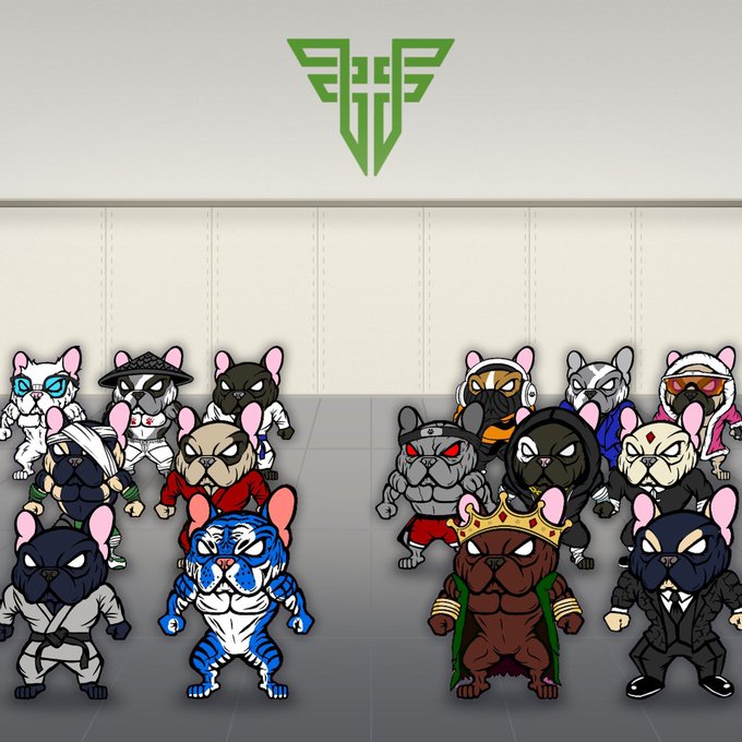 An illustration of a group of anthropomorphic, muscular dog characters (various breeds) wearing streetwear like hoodies, masks, and jackets, arranged in rows in a grey room beneath a green winged logo.