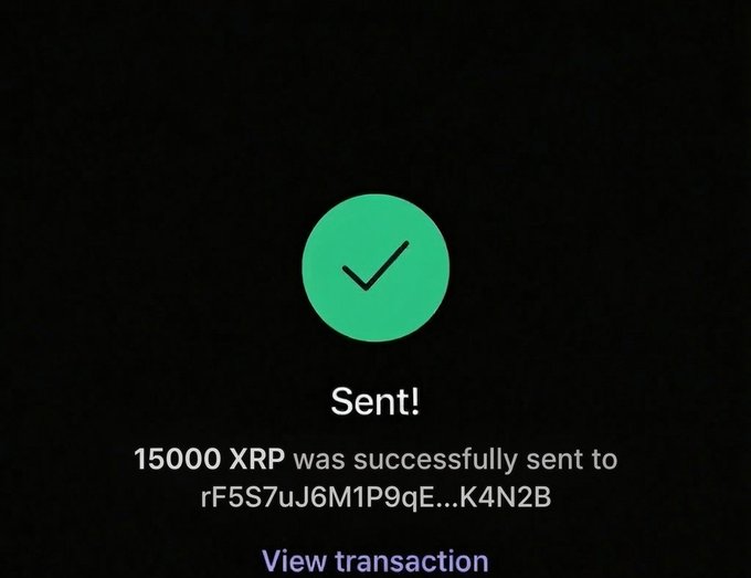 A dark-themed confirmation screen displays a green checkmark with the text "Sent!" indicating 15000 XRP was successfully sent to address rF5S7uJ6M1P9qE...K4N2B, with a "View transaction" link below. This image appears to serve as visual proof of the user's claim that they sent 15,000 XRP, likely to lend credibility to the giveaway promotion mentioned in the post.