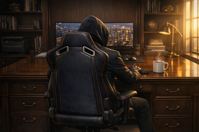 A hooded figure in dark clothing sits in a leather office chair at a wooden desk, facing a computer monitor displaying a cityscape at night, with a steaming mug nearby.