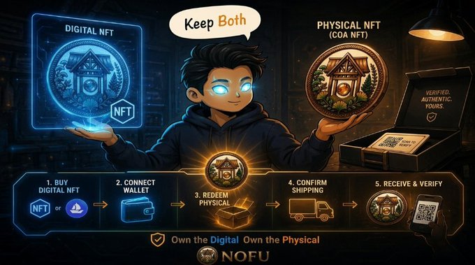 An infographic showing a 'Keep Both' concept where a character holds both a Digital NFT and a Physical NFT (COA NFT), with steps: 1. Buy Digital NFT, 2. Connect Wallet, 3. Redeem Physical, 4. Confirm Shipping, 5. Receive & Verify, branded with 'NOFU' and the slogan 'Own the Digital, Own the Physical.'