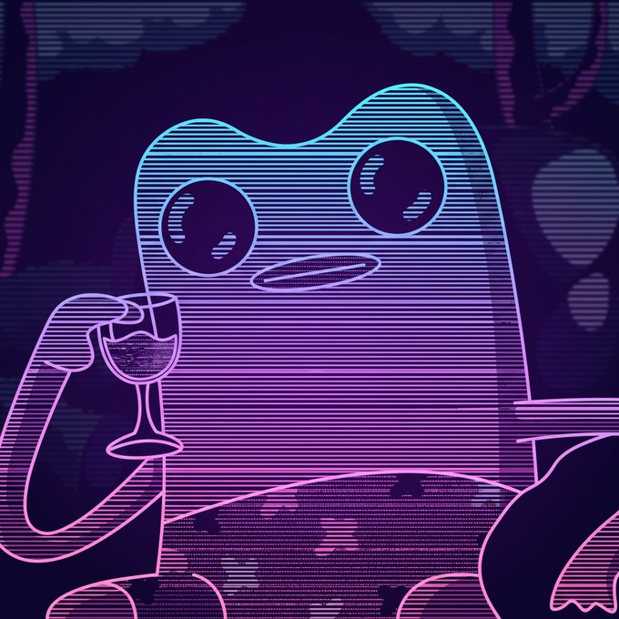 A neon purple and pink digital illustration of a cute monster-like character holding a wine glass with a melancholic expression against a dark forest background.