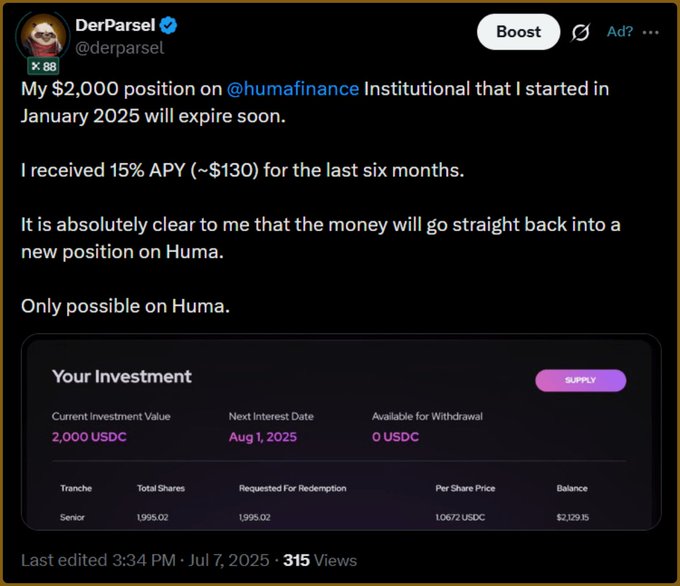 A Twitter/X post from DerParsel (@derparser) about his $2,000 position on @humafinance Institutional earning 15% APY over six months, including a screenshot of the investment dashboard showing a senior tranche balance.
