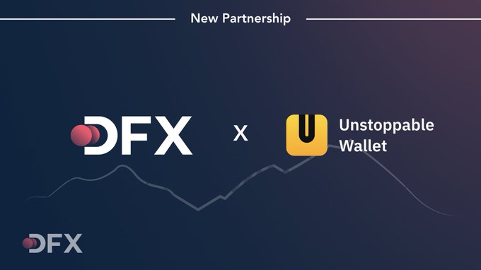 New Partnership announcement graphic showing DFX x Unstoppable Wallet collaboration with both company logos and a stylized mountain line background.
