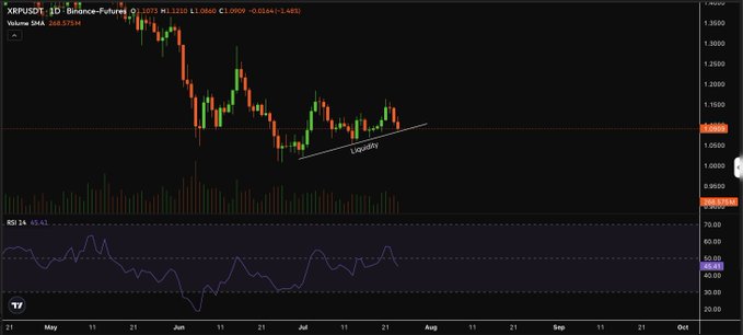 A daily candlestick chart of XRPUSDT perpetual futures on Binance shows price consolidating near the $1.05 level after a sharp decline from late May highs, with a rising trendline marked "Liquidity" drawn beneath recent lows on the daily timeframe (with RSI at 65.61 and volume SMA at 268.575M). The chart visually supports the post's thesis that a daily close below this trendline risks sweeping the $1 liquidity for new lows, while holding it would confirm higher lows and continuation to the upside.