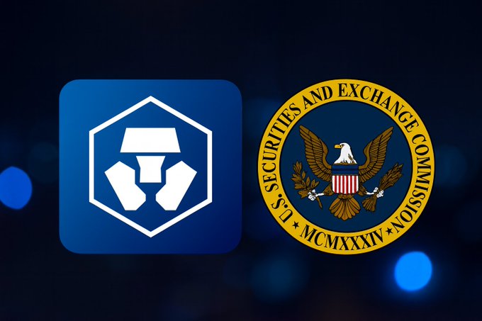 The image displays the Crypto.com logo alongside the U.S. Securities and Exchange Commission (SEC) seal, dated MCMXXXIV (1934). This visually represents the post's discussion of Crypto.com's institutional data partnership with Trump's Truth Social platform, highlighting the convergence of crypto and regulatory bodies as $CRO positions itself for premium market data access and native payments.