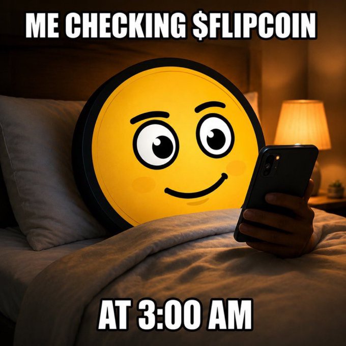 A yellow emoji coin character with wide, hopeful eyes lies in bed at night, clutching a smartphone under dim lamp light. The meme reads "ME CHECKING $FLIPCOIN" at the top and "AT 3:00 AM" at the bottom, humorously capturing the anxious, restless crypto-trader ritual of obsessively checking token prices in the middle of the night—fitting for FlipCoin's "provably fair" Solana-based gaming pitch.