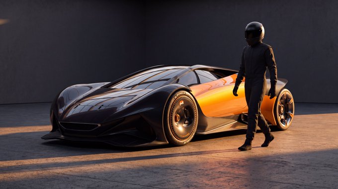 A 3D rendered image of a futuristic sleek black and orange supercar with a figure wearing a racing helmet and black outfit walking beside it against a dark backdrop.