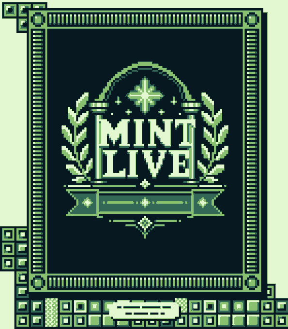 A pixel-art styled card with "MINT LIVE" prominently displayed in green text, framed by decorative laurel leaves, columns, and ornate borders. The image visually announces the live minting event for the Galleria NFT collection on OpenSea, matching the accompanying post about Florentine holders being eligible to mint.
