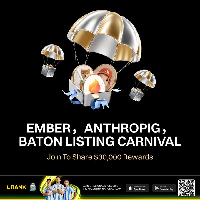 LBank promotes its "Ember, Anthropig, Baton Listing Carnival" with a $30,000 USDT reward pool, featuring gold-silver parachutes and character illustrations above the event title, alongside a banner showing LBank as regional sponsor of the Argentina National Team.