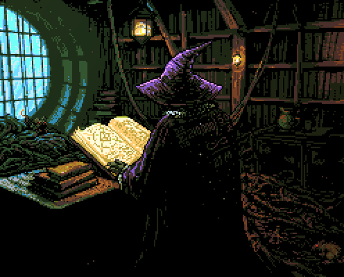 A cloaked wizard wearing a pointed purple hat reads from a glowing book in a dimly lit library, evoking the pursuit of arcane knowledge. The scene suggests that Tezos embodies a foundational "truth" or deep, esoteric wisdom waiting to be uncovered by those who seek it.
