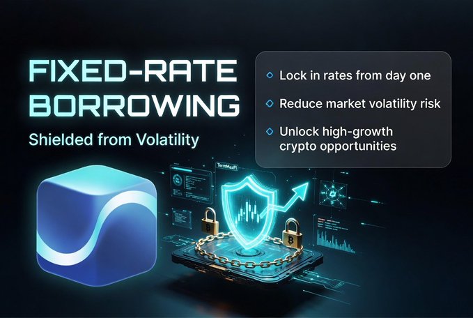 A promotional graphic for "FIXED-RATE BORROWING" with the tagline "Shielded from Volatility," highlighting benefits like locking in rates, reducing market volatility risk, and unlocking high-growth crypto opportunities, alongside a 3D SUI-style cube and shield imagery.