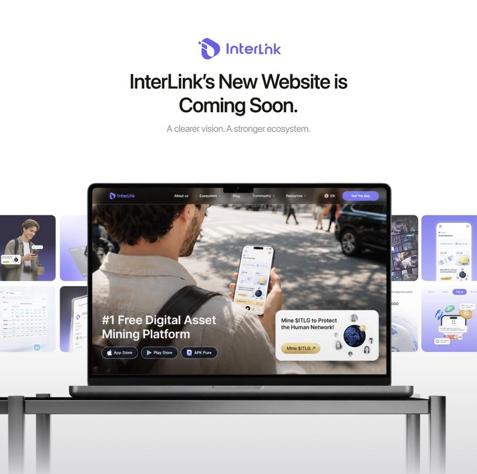 A promotional graphic for InterLink announcing 'InterLink's New Website is Coming Soon. A clearer vision. A stronger ecosystem.', featuring a laptop displaying their platform '#1 Free Digital Asset Mining Platform' with app store buttons.
