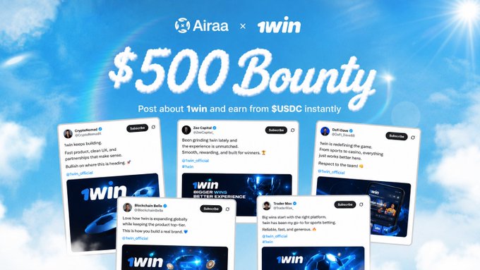 The image features an advertisement for a social media platform called "Aira!". The poster advertises a contest where users can win $500 from participating in a pool challenge that involves posting about two things they're passionate about, either related to gaming or something else entirely, on the hashtag #Win. The post says, "1win launched their first campaign on Airaa! $500 pool. Post bounty. USDC rewards. are youeligible?". In this advertisement, there is a list of six posts that have been posted under the hashtag #Win.