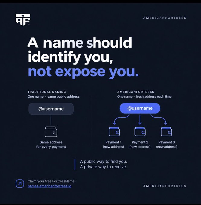 An Americanfortress promotional graphic with the headline "A name should identify you, not expose you," explaining their privacy-focused naming system.