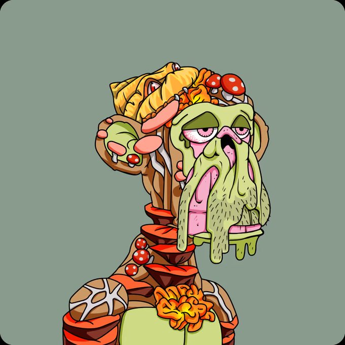 A colorful cartoon illustration of a grotesque, zombie-like figure made of food with melting green cheese, mushrooms, sausages, and other ingredients.