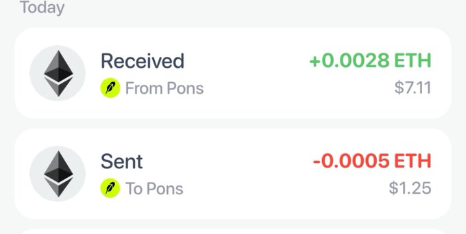 Crypto wallet transaction history showing +0.0028 ETH ($7.11) received from Pons and -0.0005 ETH ($1.25) sent to Pons.