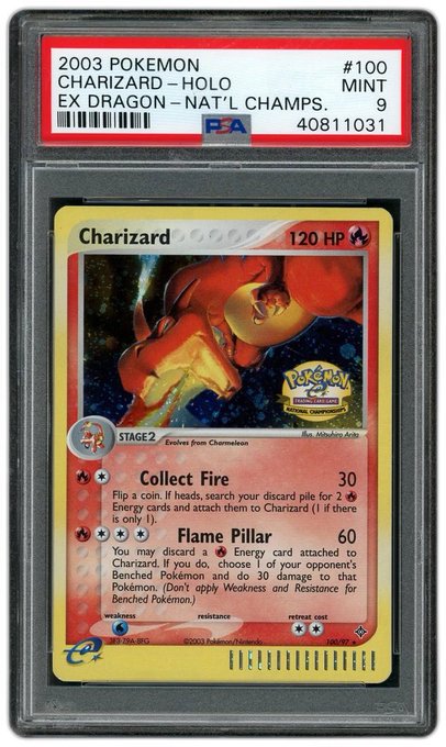 A PSA-graded Mint 9 Charizard #100 "EX Dragon" holographic card from the 2003 Pokémon National Championships, encased in a protective slab, is shown as the physical collectible that the post references being tokenized on the Solana blockchain.
