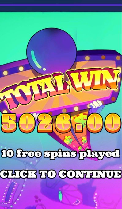 A vibrant "TOTAL WIN" screen displays a payout of 502,600 after 10 free spins played, with a "CLICK TO CONTINUE" prompt, illustrating the big-win result the user claims came from a $2 spin in the gambling app they're promoting with code "BREEZY."