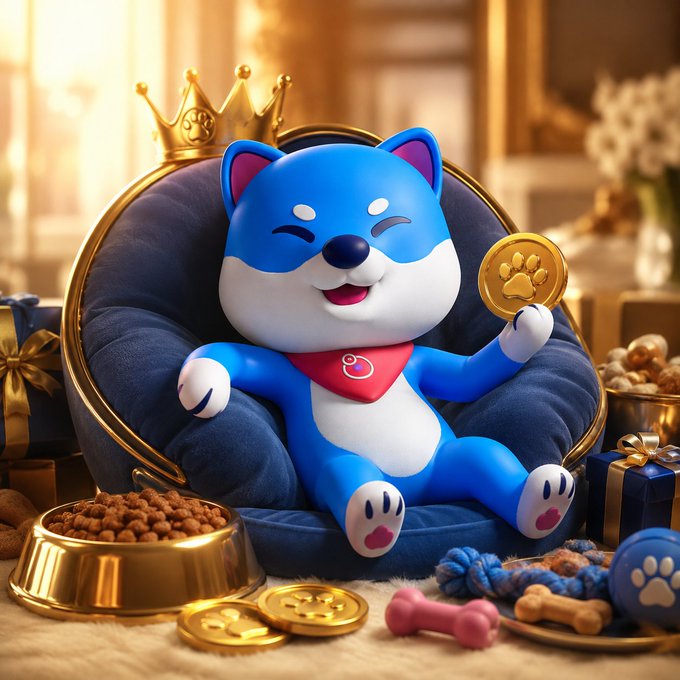 A 3D-rendered blue Shiba Inu character wearing a red bandana and a gold crown sits on a plush blue throne, holding a gold paw-print coin, surrounded by a food bowl, treats, and gifts.