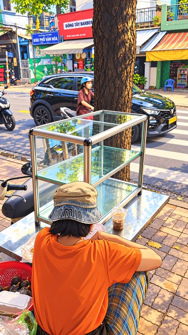 A street scene showing a person wearing an orange shirt and bucket hat sitting in front of a glass display case, with a woman on a scooter and storefronts visible in the background.