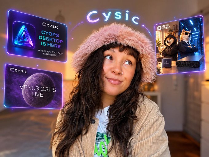 A woman wearing a pink fuzzy hat smiles with the word 'Cysic' above her, flanked by digital cards reading 'CYBOPS DESKTOP IS HERE' and 'VENUS 0.3.1 IS LIVE.'