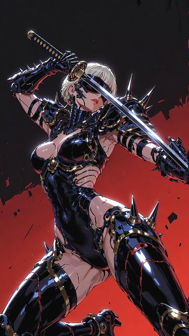 A dark fantasy illustration depicts a blonde female warrior wielding a katana, wearing spiked black armor and high-heeled boots against a red and black background.