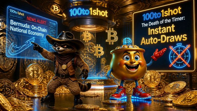 The image features two cartoon characters, one dressed as a raccoon wearing a cowboy hat and boots, and another character dressed as a pot with a face and arms, holding a gold pot. The background of the image shows a neon sign that says "100to1shot" and "Bermuda on-chain? We're in. Death of the Timer. Pot contents up for grabs. 1-in-100 chance. Max 100 entries in any pot! T&Cs apply.", indicating that this is an advertisement or promotional material related to a skill-based competition platform called "100to1shot". The characters are positioned near each other, and there are several gold coins scattered around them on the ground.