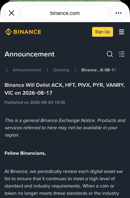 A Binance announcement page confirms the delisting of $VIC along with ACX, HFT, PIVX, PYR, and VANRY on August 17, 2026—directly supporting the post's claim that $VIC has officially been removed from the exchange.