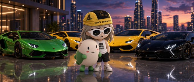 A cartoonish character wearing a yellow "Don't Tread on Me" cap and sunglasses stands holding a plush toy with the text "STOP BEING POOR", flanked by green and yellow Lamborghinis and a black Lamborghini against a sunset cityscape.