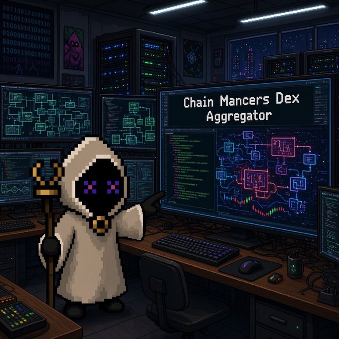 A pixel-art hooded figure holding a staff points toward a monitor displaying 'Chain Mancs Dex Aggregator' in a server room filled with code and charts.